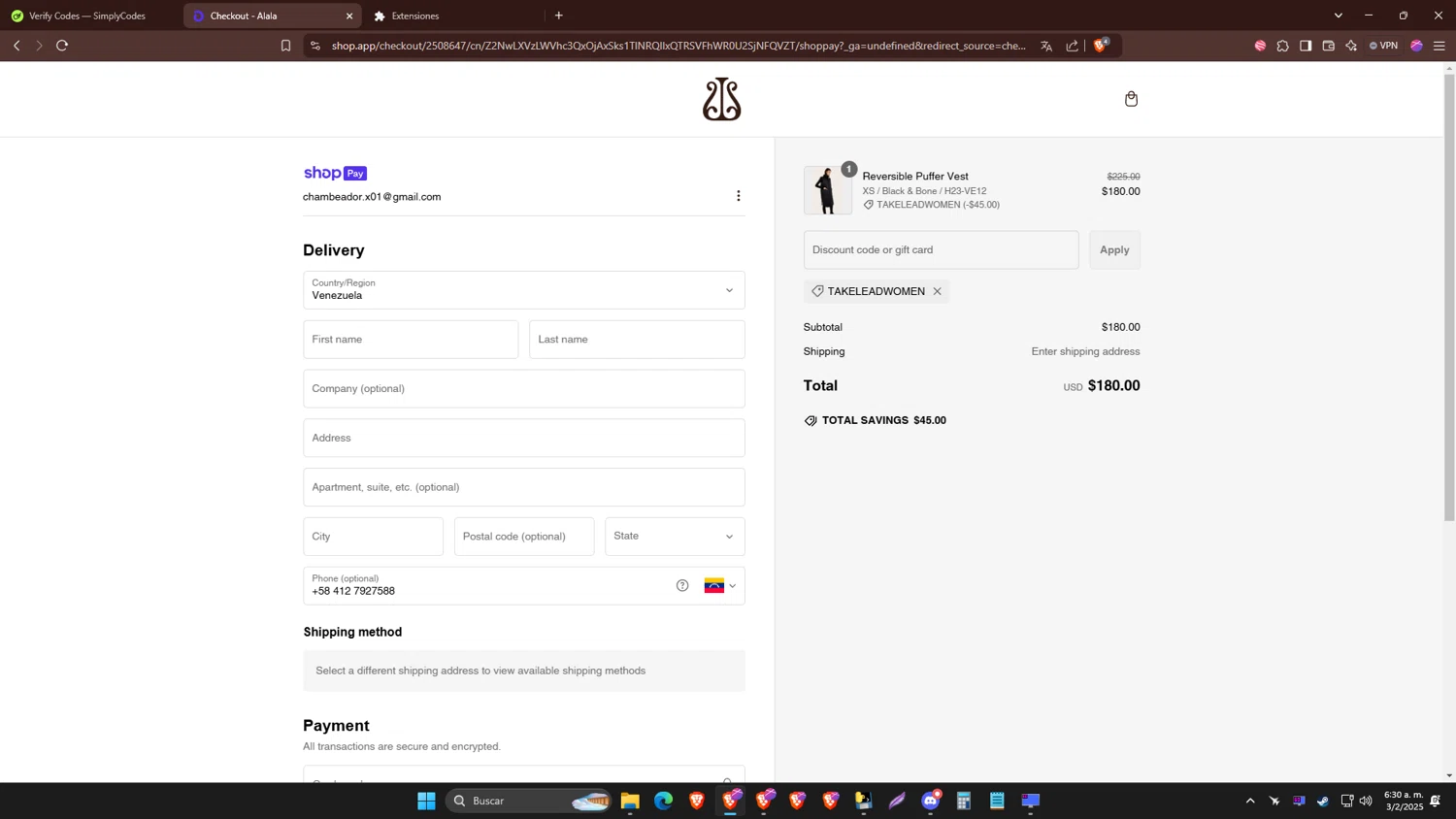 Alala promo code screenshot showing code TAKELEADWOMEN applied at Alala checkout page. Uploaded by SimplyCodes community member MoneyBoss6673 on Feb 3, 2025