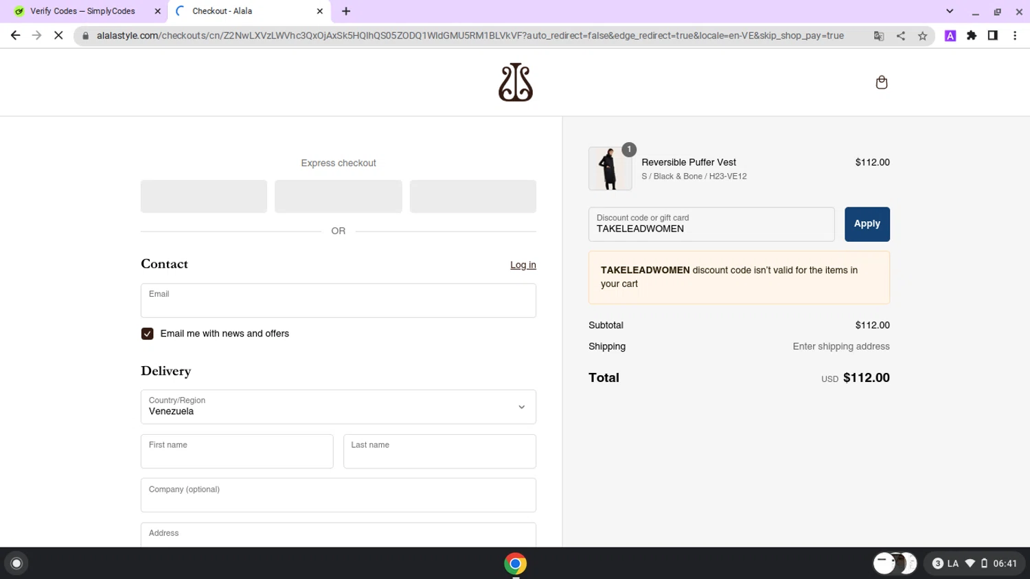 Alala promo code screenshot showing code TAKELEADWOMEN applied at Alala checkout page. Uploaded by SimplyCodes community member lapampita on Mar 4, 2025