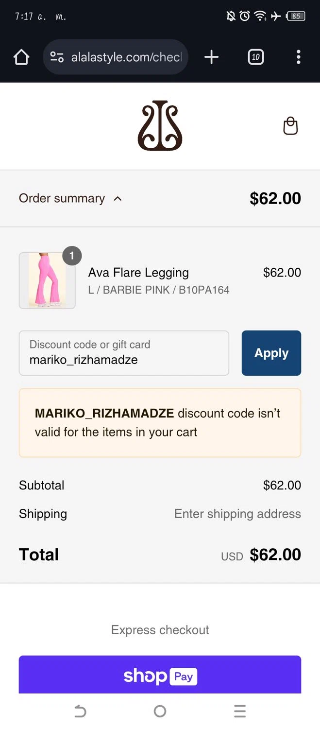 Alala promo code screenshot showing code mariko_rizhamadze applied at Alala checkout page. Uploaded by SimplyCodes community member WonderW on Feb 14, 2025