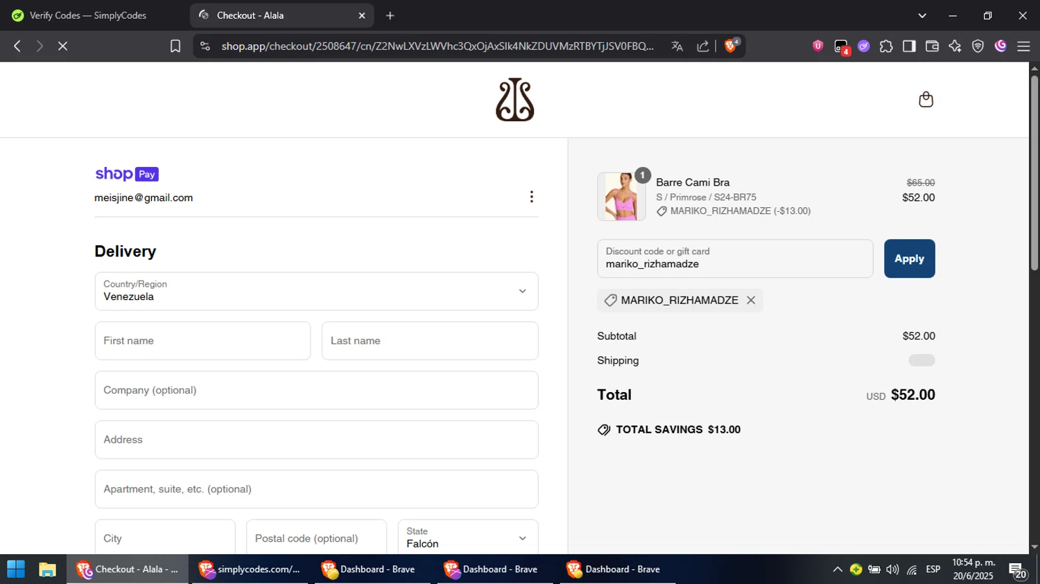 Alala promo code screenshot showing code mariko_rizhamadze applied at Alala checkout page. Uploaded by SimplyCodes community member RebateCaptain6440 on Jun 21, 2025