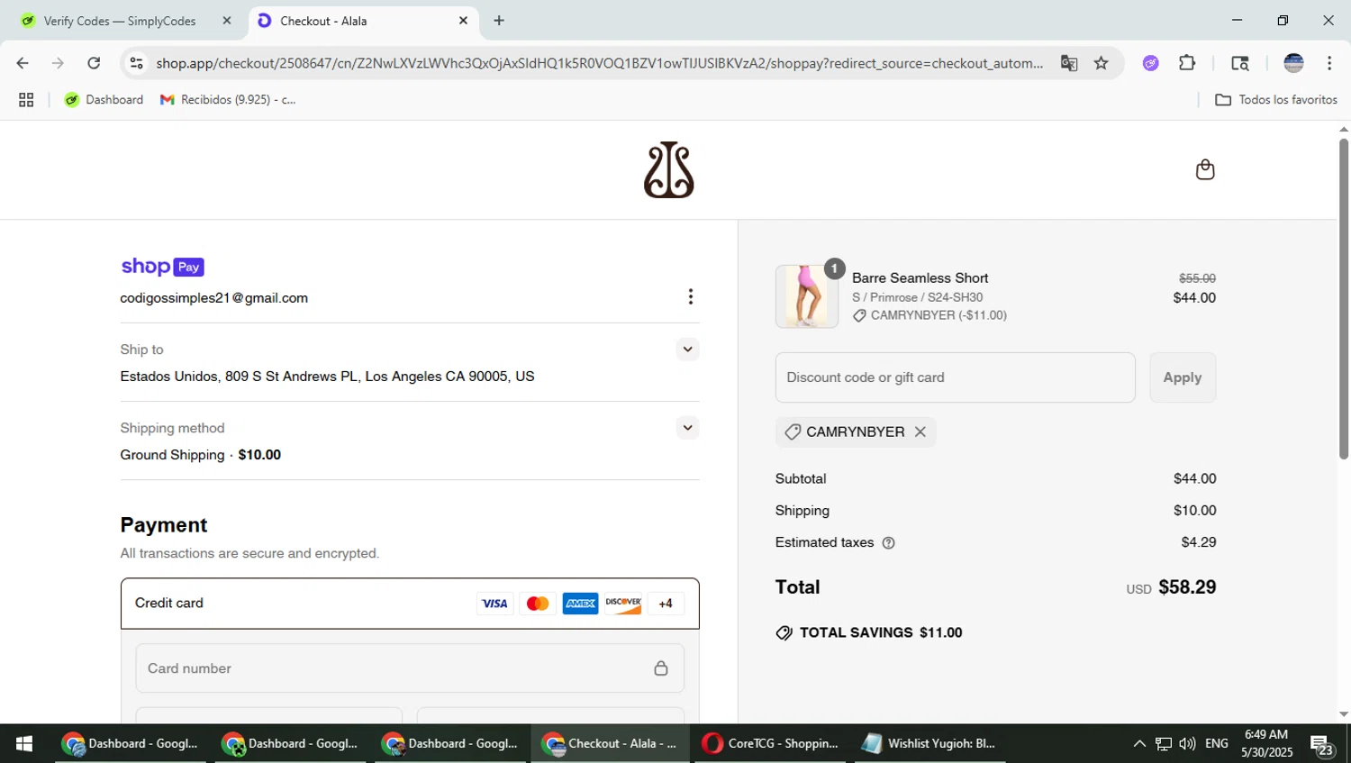 Alala promo code screenshot showing code CAMRYNBYER applied at Alala checkout page. Uploaded by SimplyCodes community member TrevorPhilips on May 30, 2025