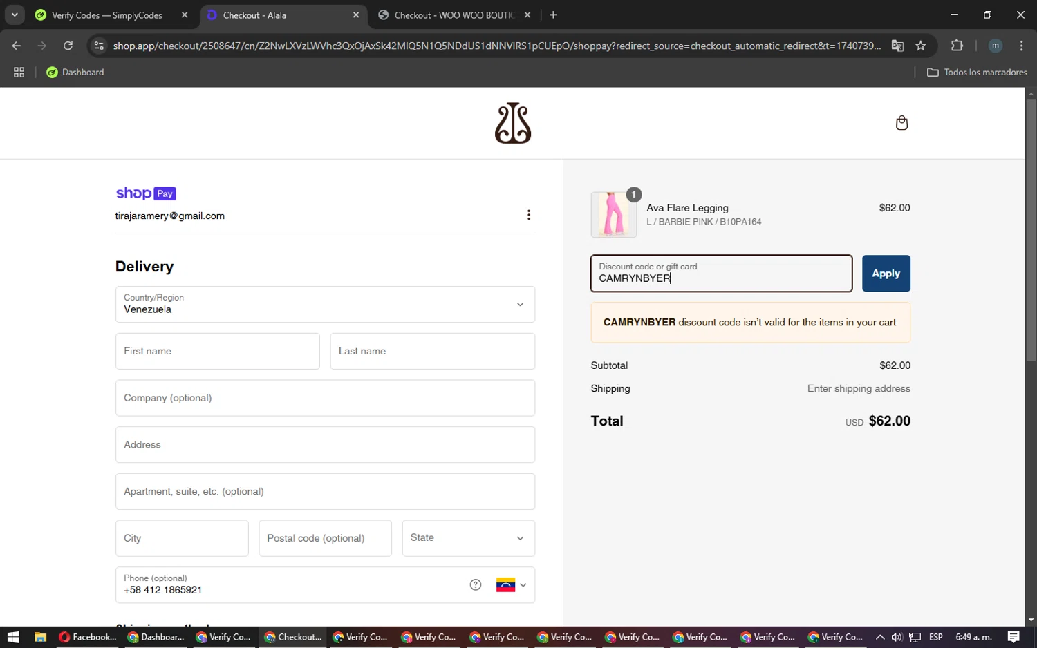 Alala promo code screenshot showing code CAMRYNBYER applied at Alala checkout page. Uploaded by SimplyCodes community member CoinHunter3841 on Feb 28, 2025