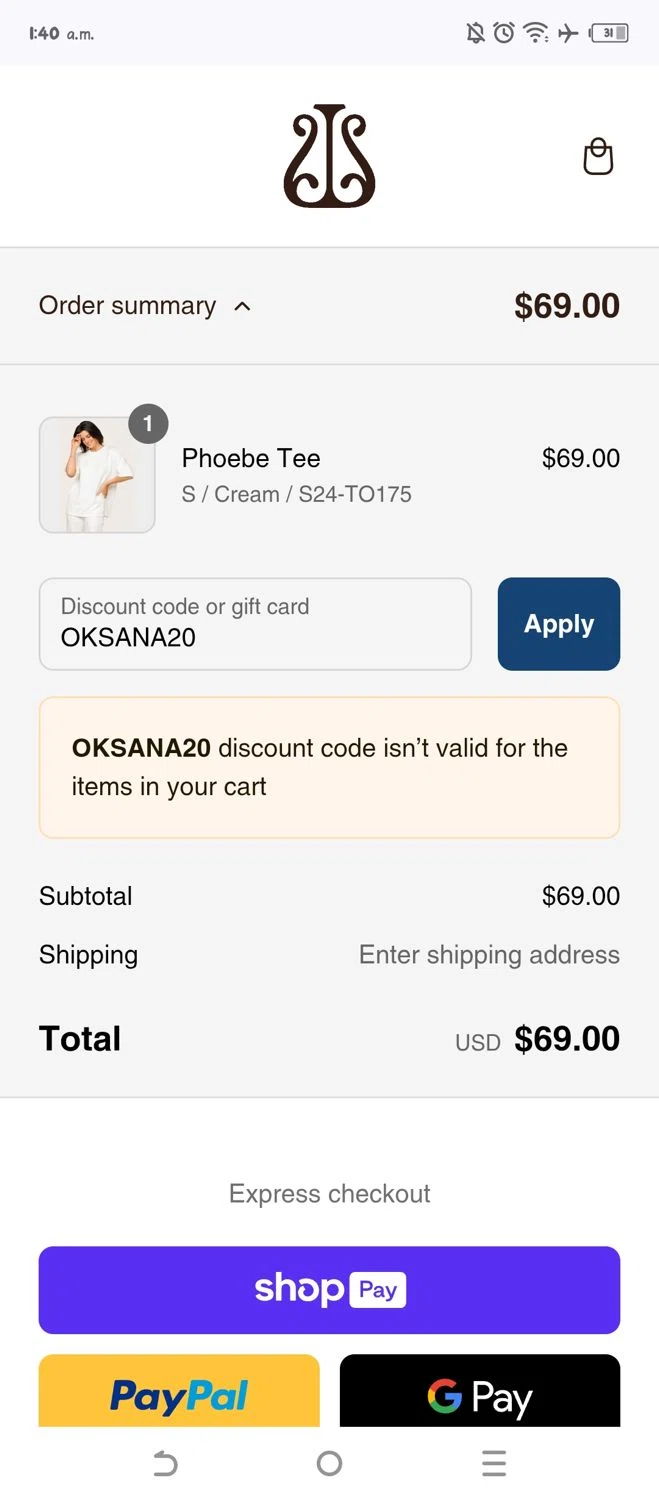 Alala promo code screenshot showing code OKSANA20 applied at Alala checkout page. Uploaded by SimplyCodes community member WonderW on Mar 11, 2025