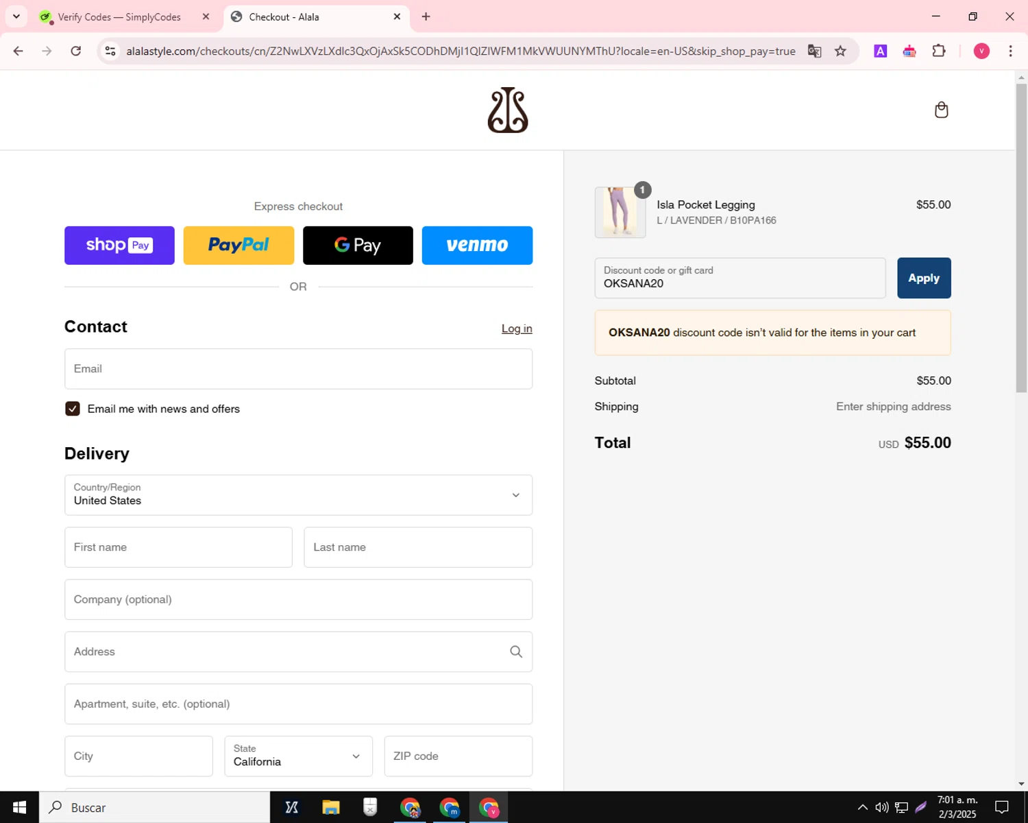 Alala promo code screenshot showing code OKSANA20 applied at Alala checkout page. Uploaded by SimplyCodes community member GloriousMaestro4930 on Mar 2, 2025