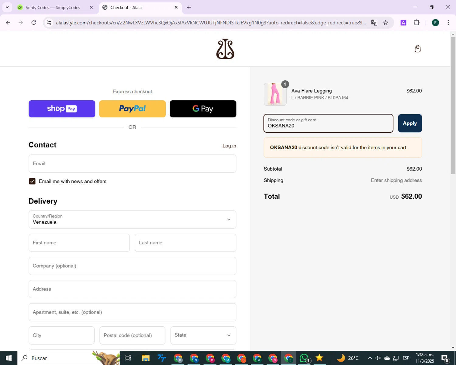 Alala promo code screenshot showing code OKSANA20 applied at Alala checkout page. Uploaded by SimplyCodes community member MagnificentTitan1134 on Mar 11, 2025