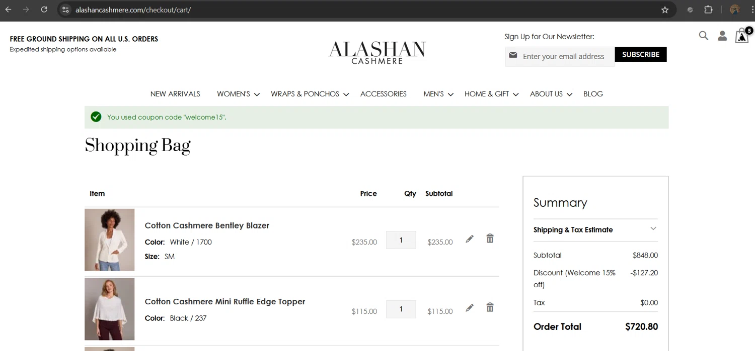 Alashan Cashmere discount code screenshot showing code welcome15 applied at Alashan Cashmere checkout page. Uploaded by SimplyCodes community member Gray_75 on Jun 15, 2025