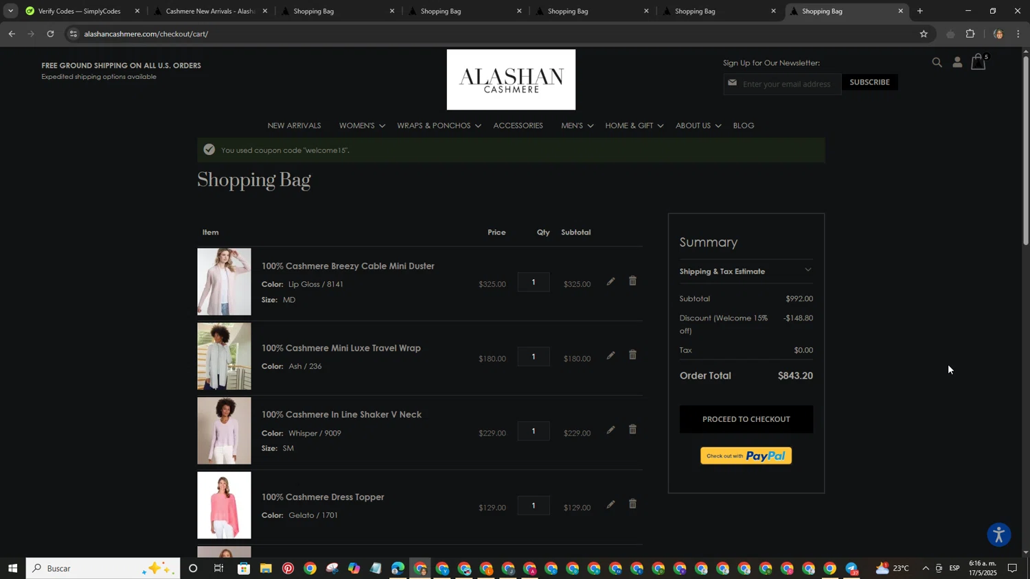 Alashan Cashmere discount code screenshot showing code welcome15 applied at Alashan Cashmere checkout page. Uploaded by SimplyCodes community member LegendaryAdmiral6518 on May 17, 2025