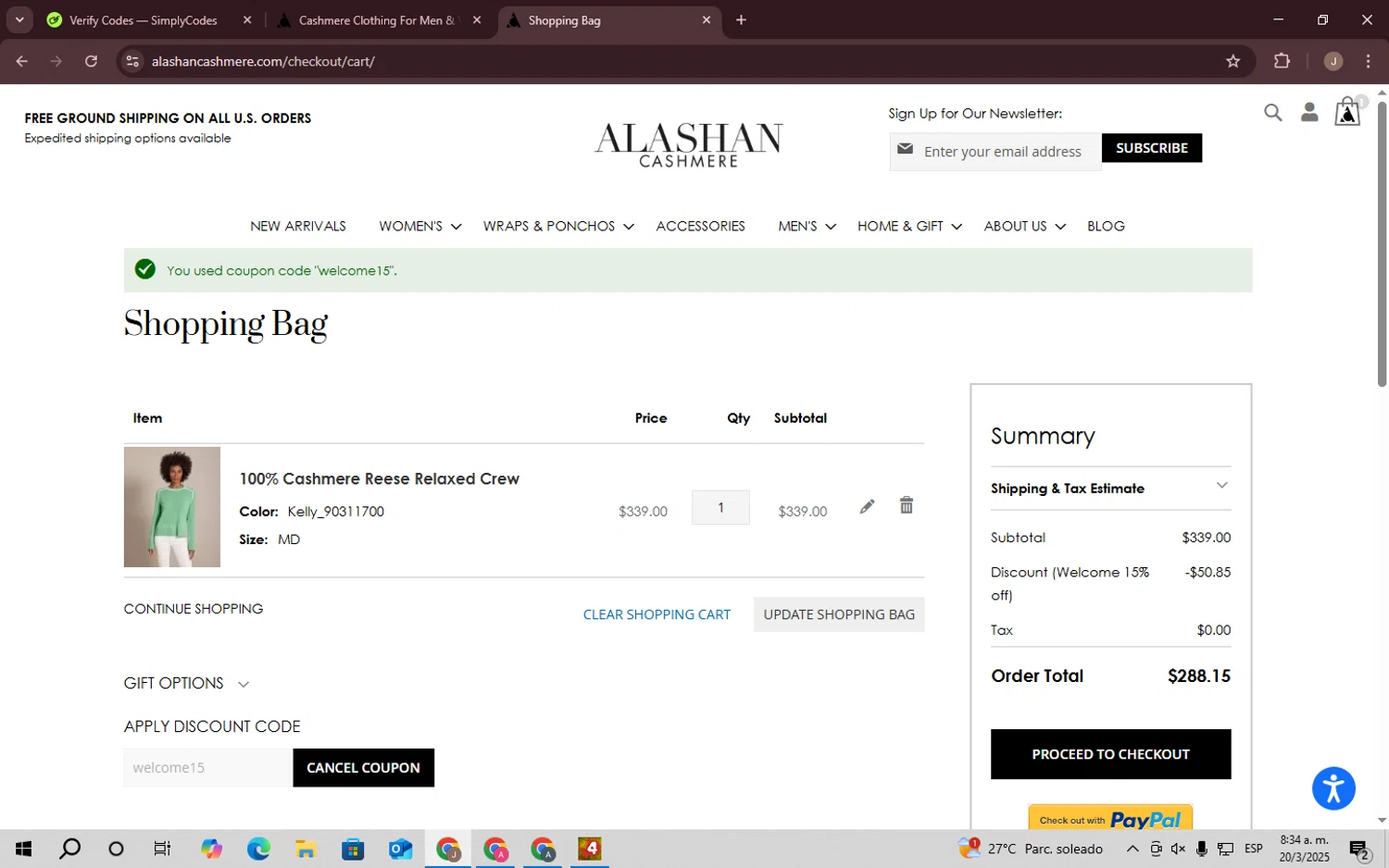 Alashan Cashmere discount code screenshot showing code welcome15 applied at Alashan Cashmere checkout page. Uploaded by SimplyCodes community member CrownChaser949 on Mar 20, 2025