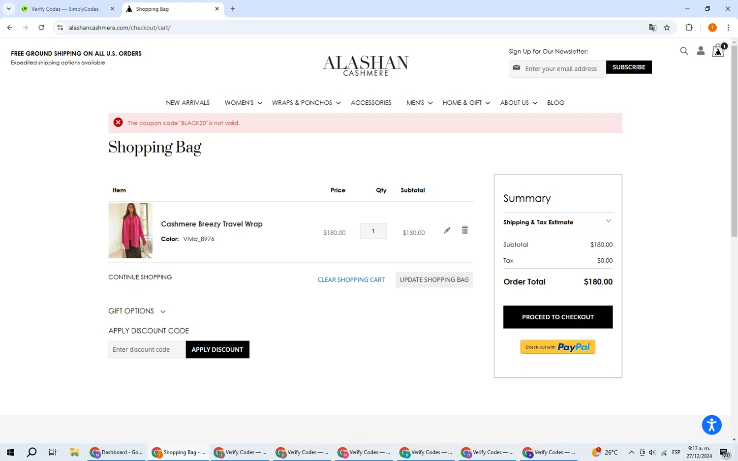 Alashan Cashmere discount code screenshot showing code BLACK20 applied at Alashan Cashmere checkout page. Uploaded by SimplyCodes community member EpicHero3141 on Dec 27, 2024