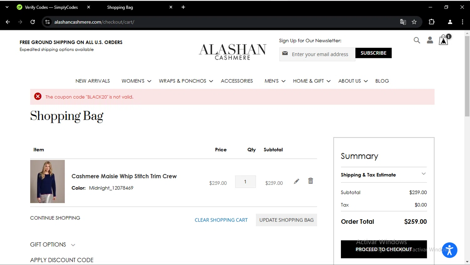 Alashan Cashmere discount code screenshot showing code BLACK20 applied at Alashan Cashmere checkout page. Uploaded by SimplyCodes community member cristianubon on Dec 27, 2024