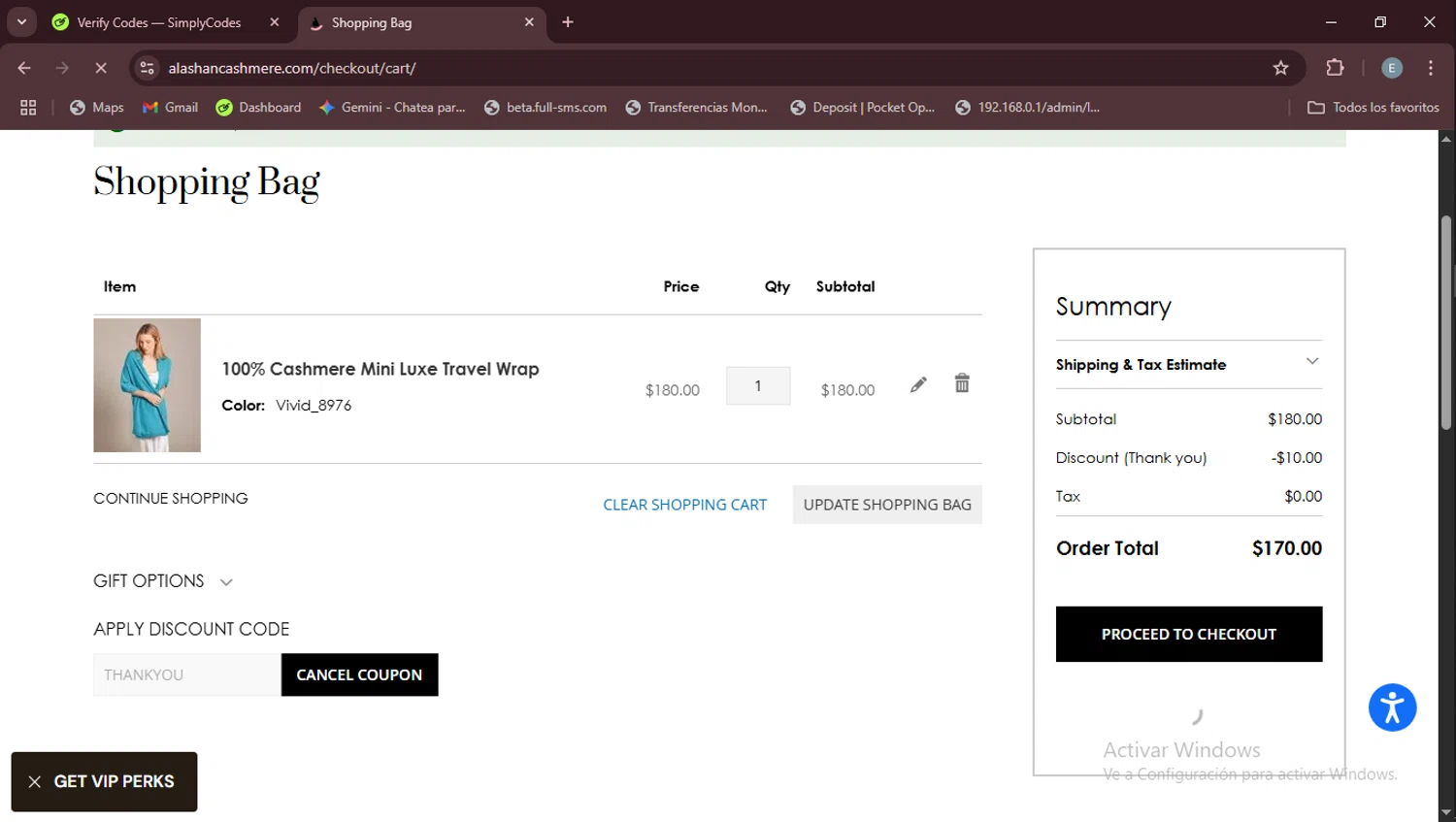 Alashan Cashmere discount code screenshot showing code THANKYOU applied at Alashan Cashmere checkout page. Uploaded by SimplyCodes community member Esteban on Aug 15, 2025