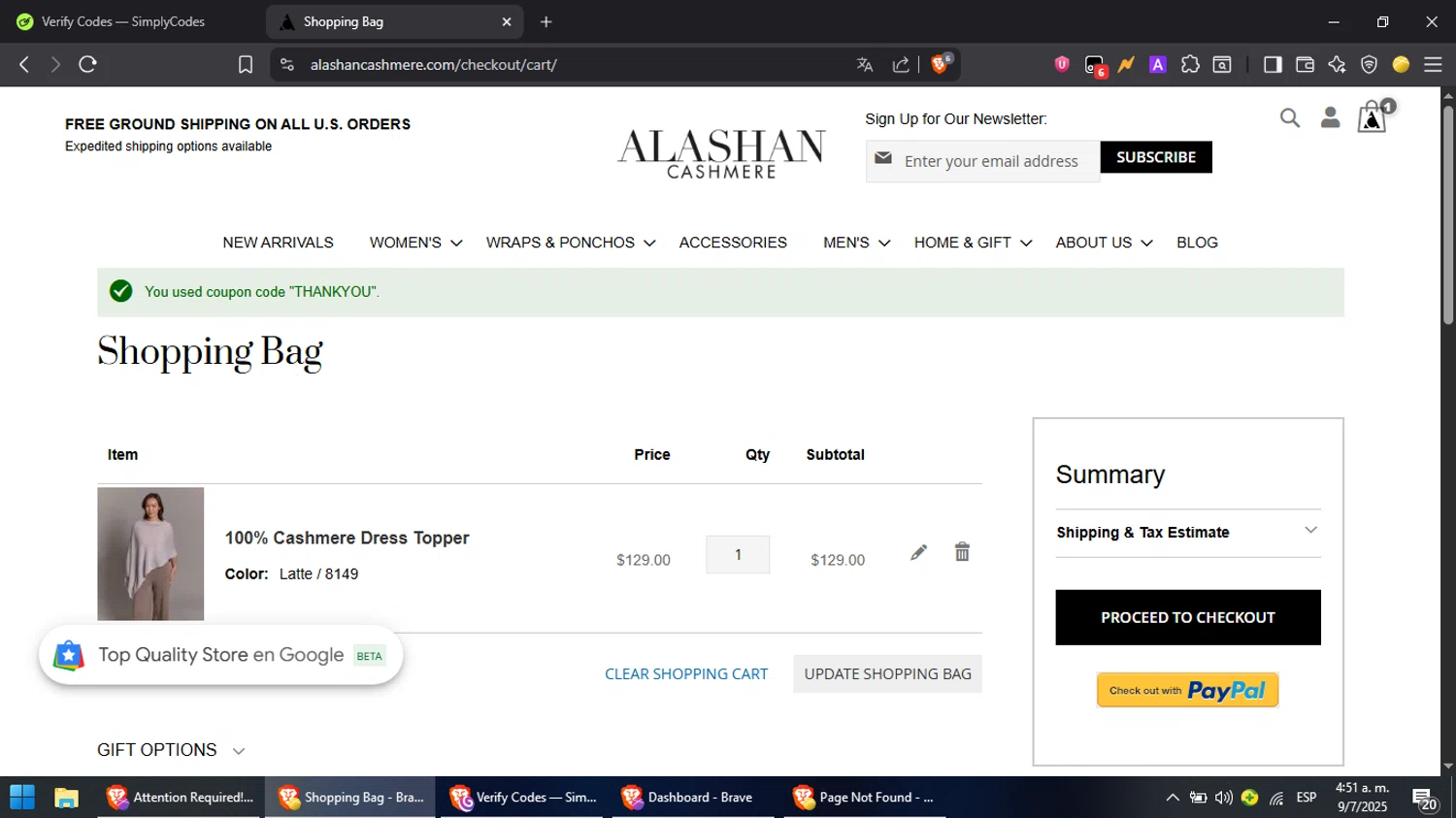 Alashan Cashmere discount code screenshot showing code THANKYOU applied at Alashan Cashmere checkout page. Uploaded by SimplyCodes community member MoneyPilot9165 on Jul 9, 2025