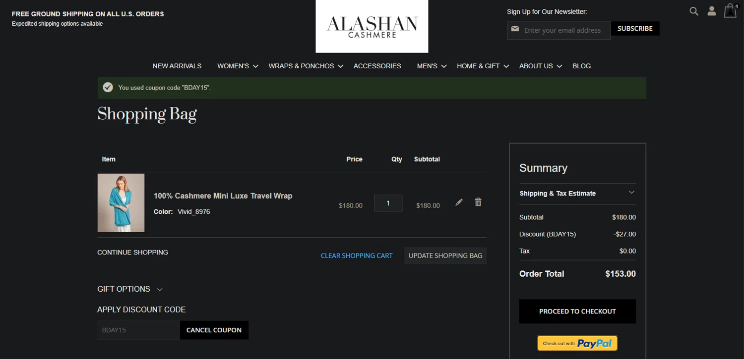 Alashan Cashmere discount code screenshot showing code BDAY15 applied at Alashan Cashmere checkout page. Uploaded by SimplyCodes community member Nor_man on Apr 18, 2025