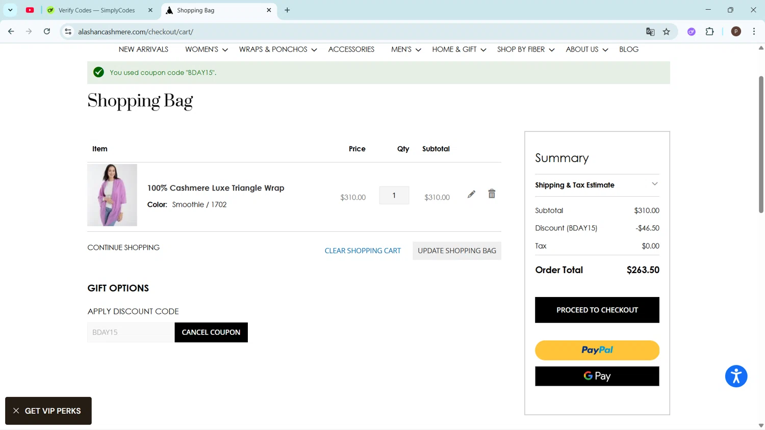Alashan Cashmere discount code screenshot showing code BDAY15 applied at Alashan Cashmere checkout page. Uploaded by SimplyCodes community member ShrewdPro2243 on Nov 13, 2025