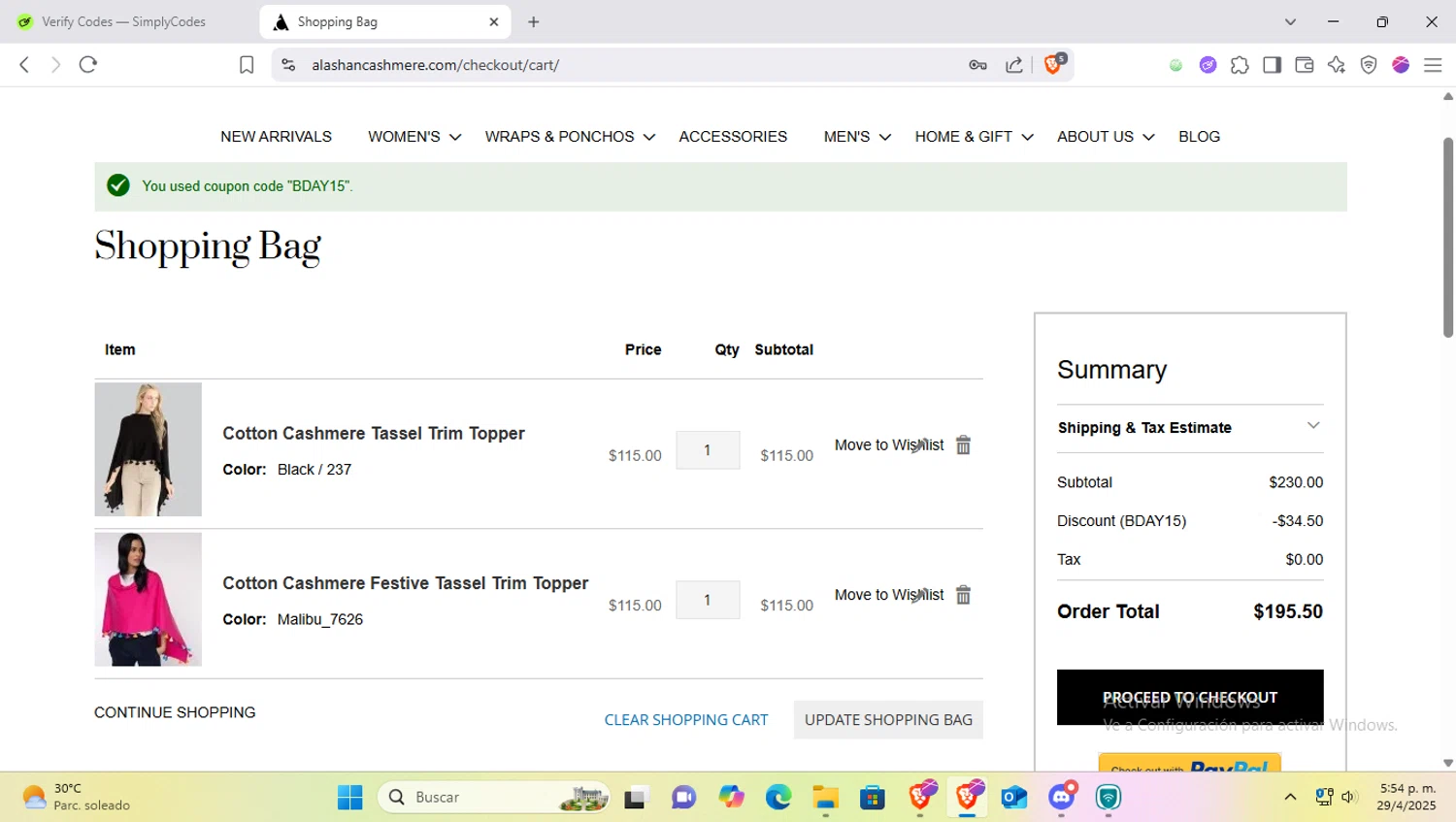 Alashan Cashmere discount code screenshot showing code BDAY15 applied at Alashan Cashmere checkout page. Uploaded by SimplyCodes community member SapeGato on Apr 29, 2025