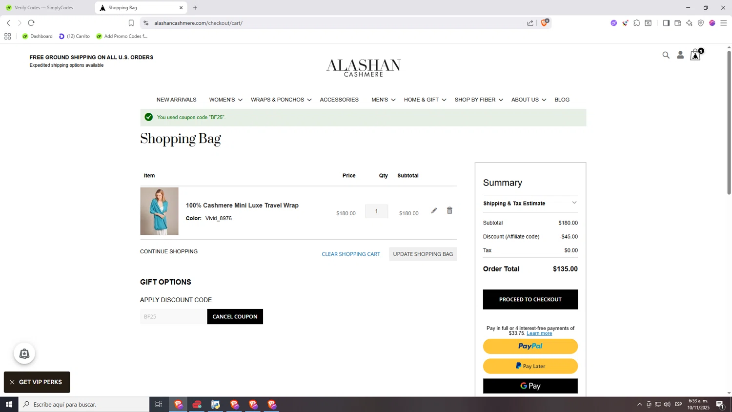 Alashan Cashmere discount code screenshot showing code BF25 applied at Alashan Cashmere checkout page. Uploaded by SimplyCodes community member Nezukooo on Nov 10, 2025