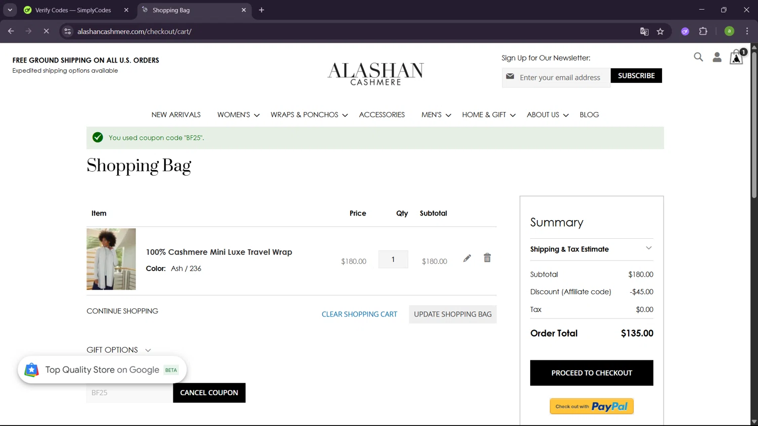 Alashan Cashmere discount code screenshot showing code BF25 applied at Alashan Cashmere checkout page. Uploaded by SimplyCodes community member SavingsHero9122 on Jul 2, 2025
