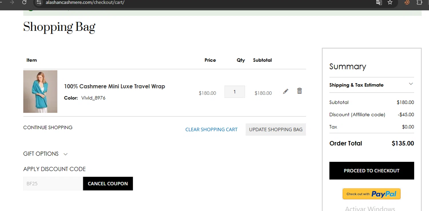 Alashan Cashmere discount code screenshot showing code BF25 applied at Alashan Cashmere checkout page. Uploaded by SimplyCodes community member javierprez on Jun 3, 2025