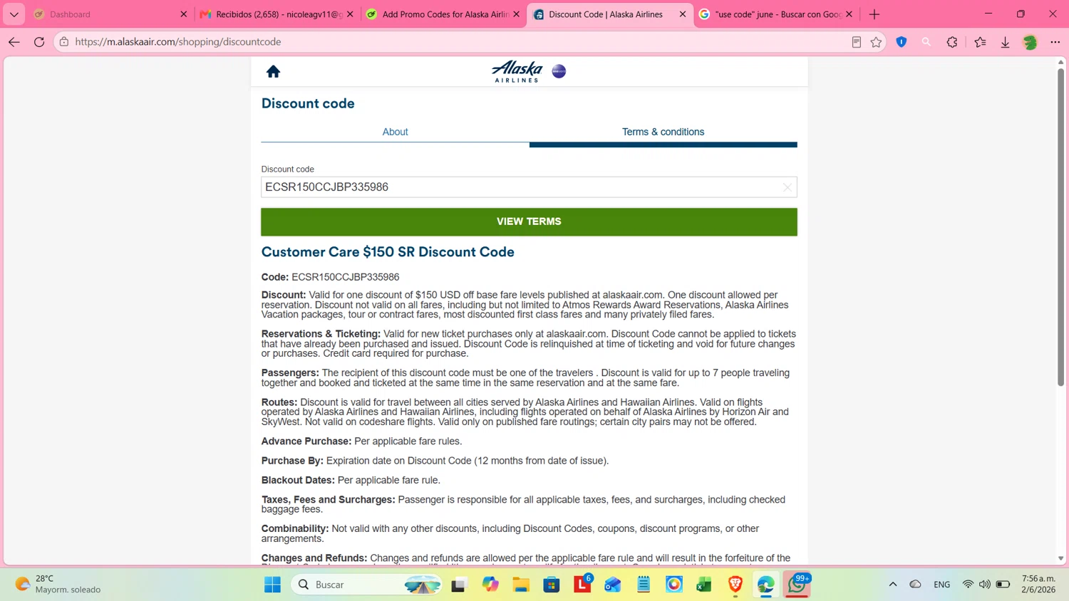 Alaska Airlines promo code screenshot showing code ECSR150CCJBP335986 applied at Alaska Airlines checkout page. Uploaded by SimplyCodes community member cosita on Jun 2, 2026