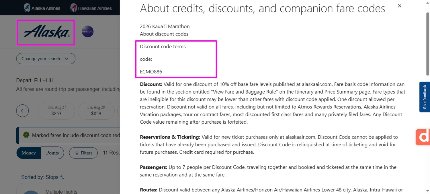 Alaska Airlines promo code screenshot showing code ECMO886 applied at Alaska Airlines checkout page. Uploaded by SimplyCodes community member mrdarcy on Feb 21, 2026