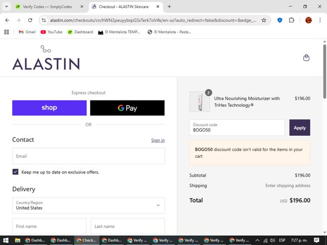 Alastin checkout page showing Alastin discount code box | Screenshot taken by SimplyCodes community member on Sep 10, 2025