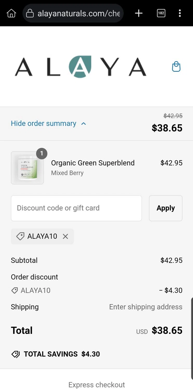 where to use Alaya Naturals promo code box