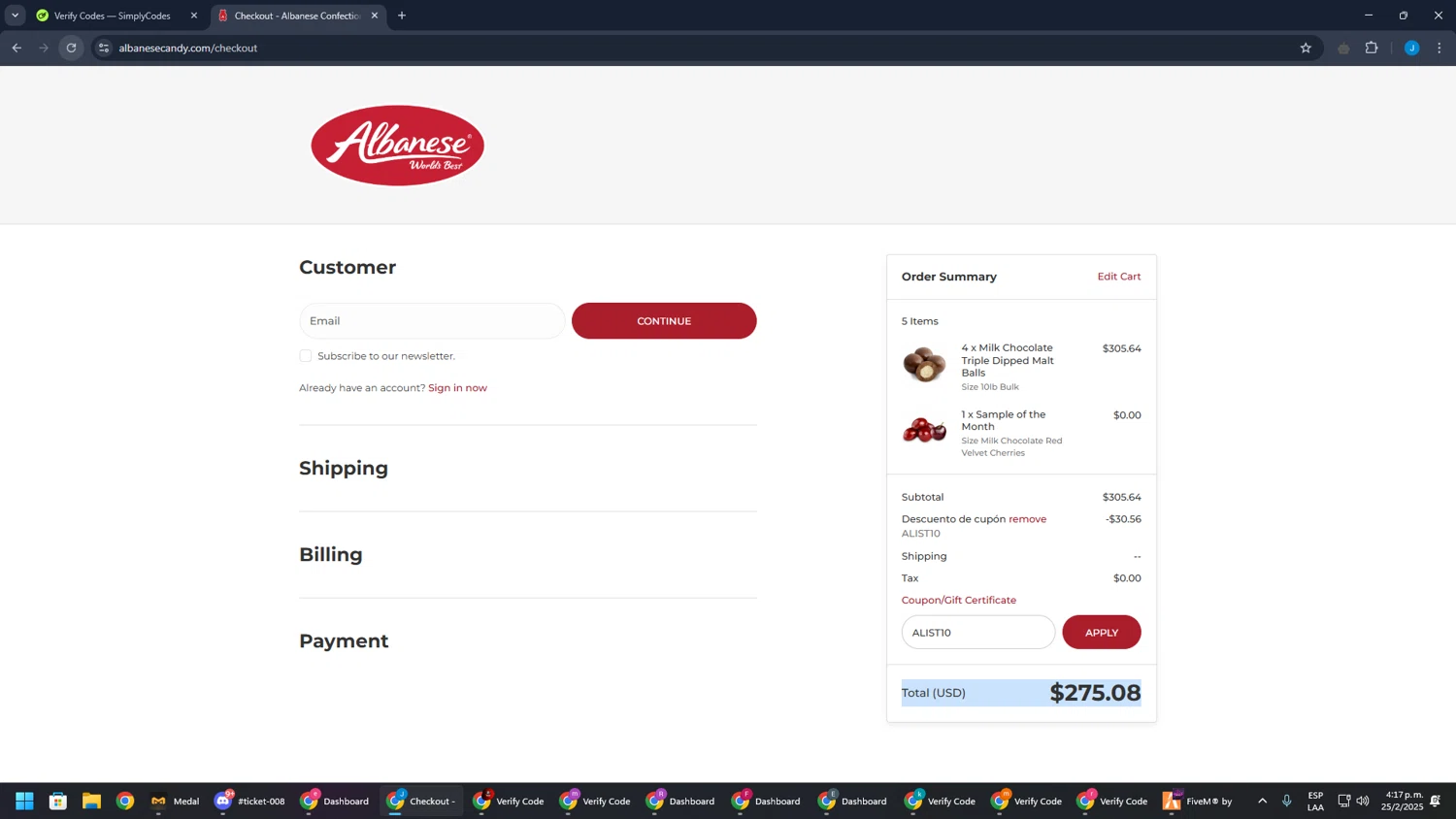 Albanese Candy coupon code screenshot showing code ALIST10 applied at Albanese Candy checkout page. Uploaded by SimplyCodes community member BargainGuardian280 on Feb 25, 2025