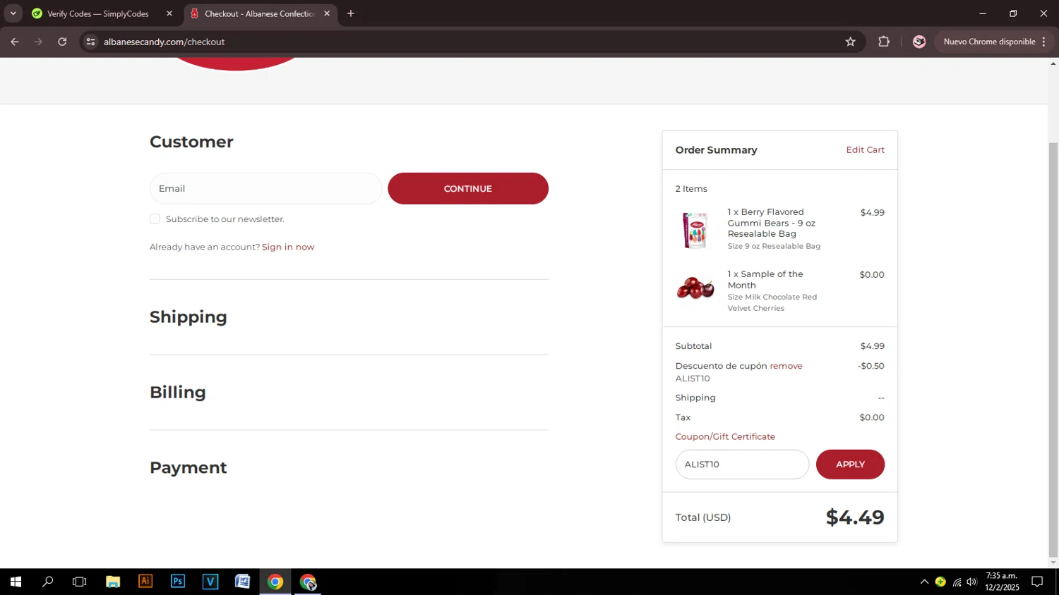Albanese Candy coupon code screenshot showing code ALIST10 applied at Albanese Candy checkout page. Uploaded by SimplyCodes community member girly08 on Feb 12, 2025