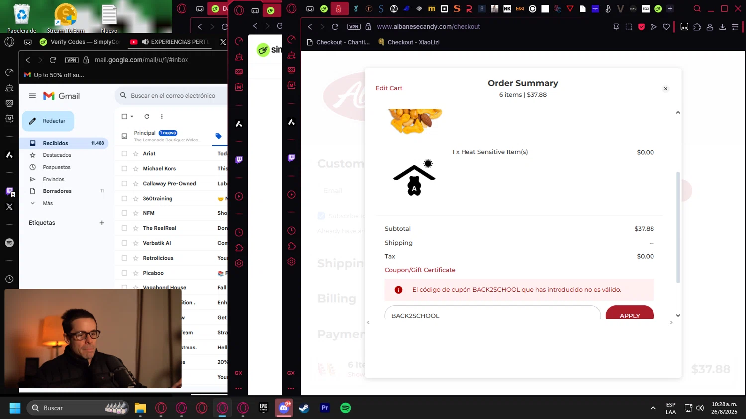 Albanese Candy coupon code screenshot showing code BACK2SCHOOL applied at Albanese Candy checkout page. Uploaded by SimplyCodes community member Halanweik on Aug 26, 2025