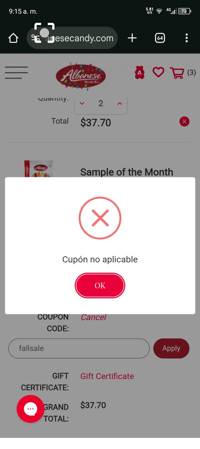Albanese Candy checkout page showing Albanese Candy coupon code box | Screenshot taken by SimplyCodes community member on Nov 17, 2025