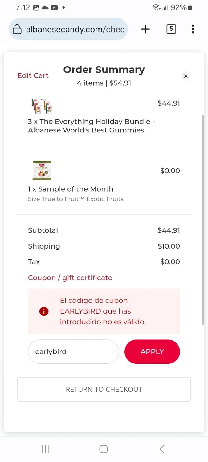 Albanese Candy coupon code screenshot showing code earlybird applied at Albanese Candy checkout page. Uploaded by SimplyCodes community member ScanMaverick9378 on Dec 27, 2025