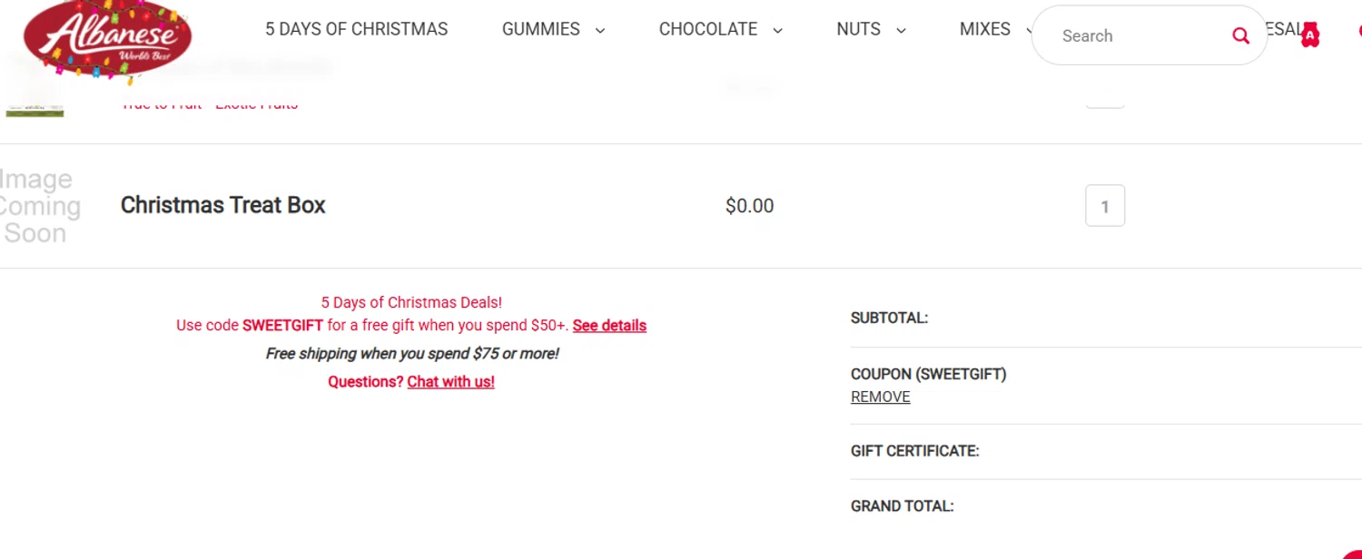 Albanese Candy checkout page showing Albanese Candy coupon code box | Screenshot taken by SimplyCodes community member on Dec 4, 2025