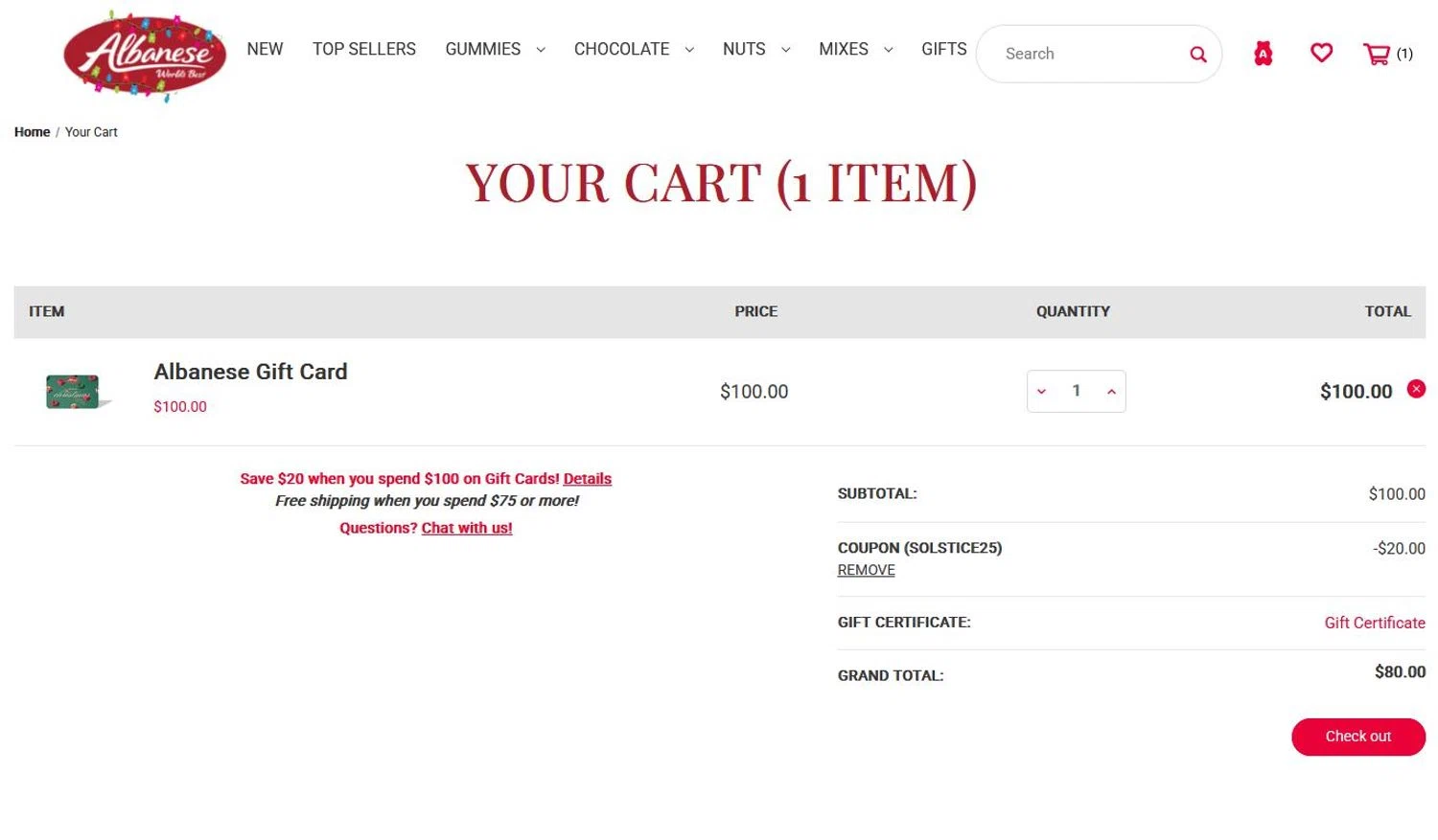 Albanese Candy coupon code screenshot showing code solstice25 applied at Albanese Candy checkout page. Uploaded by SimplyCodes community member stygian1 on Dec 19, 2025