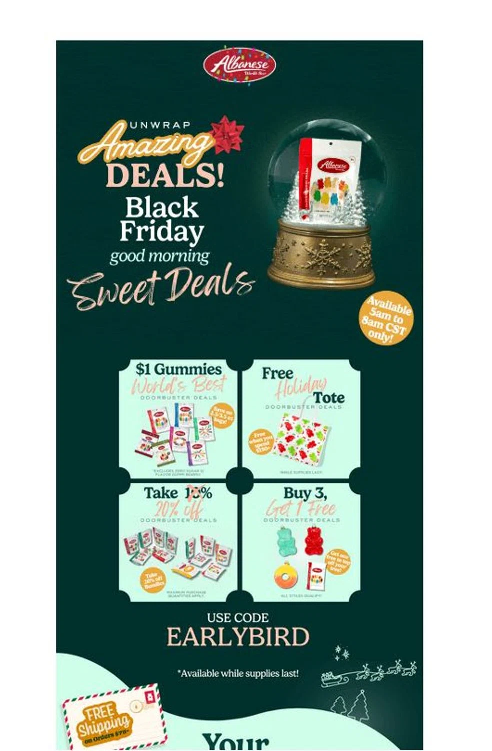 Albanese Candy coupon code screenshot showing code earlybird applied at Albanese Candy checkout page. Uploaded by SimplyCodes community member stygian1 on Nov 28, 2025