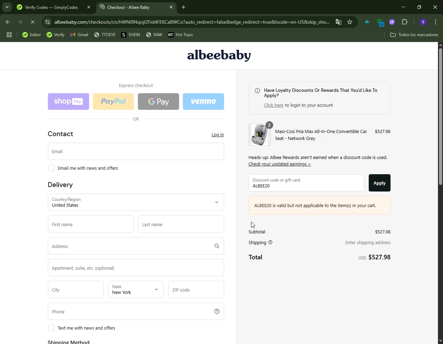 Albee Baby discount code screenshot showing code ALBEE20 applied at Albee Baby checkout page. Uploaded by SimplyCodes community member CapitanCentella on Jul 18, 2025