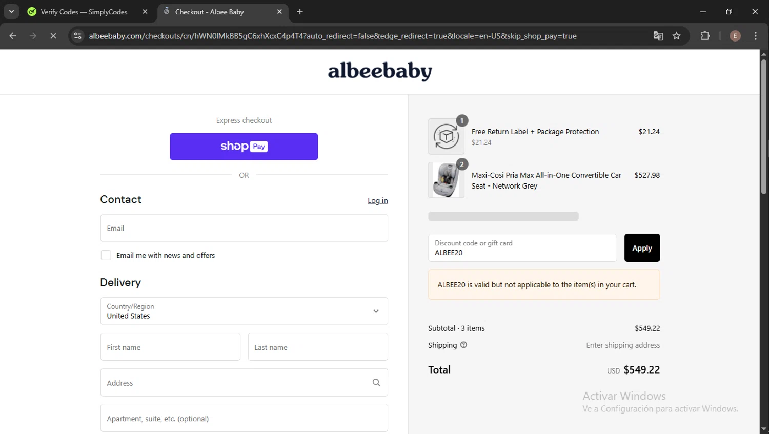 Albee Baby discount code screenshot showing code ALBEE20 applied at Albee Baby checkout page. Uploaded by SimplyCodes community member Esteban14 on Jul 18, 2025
