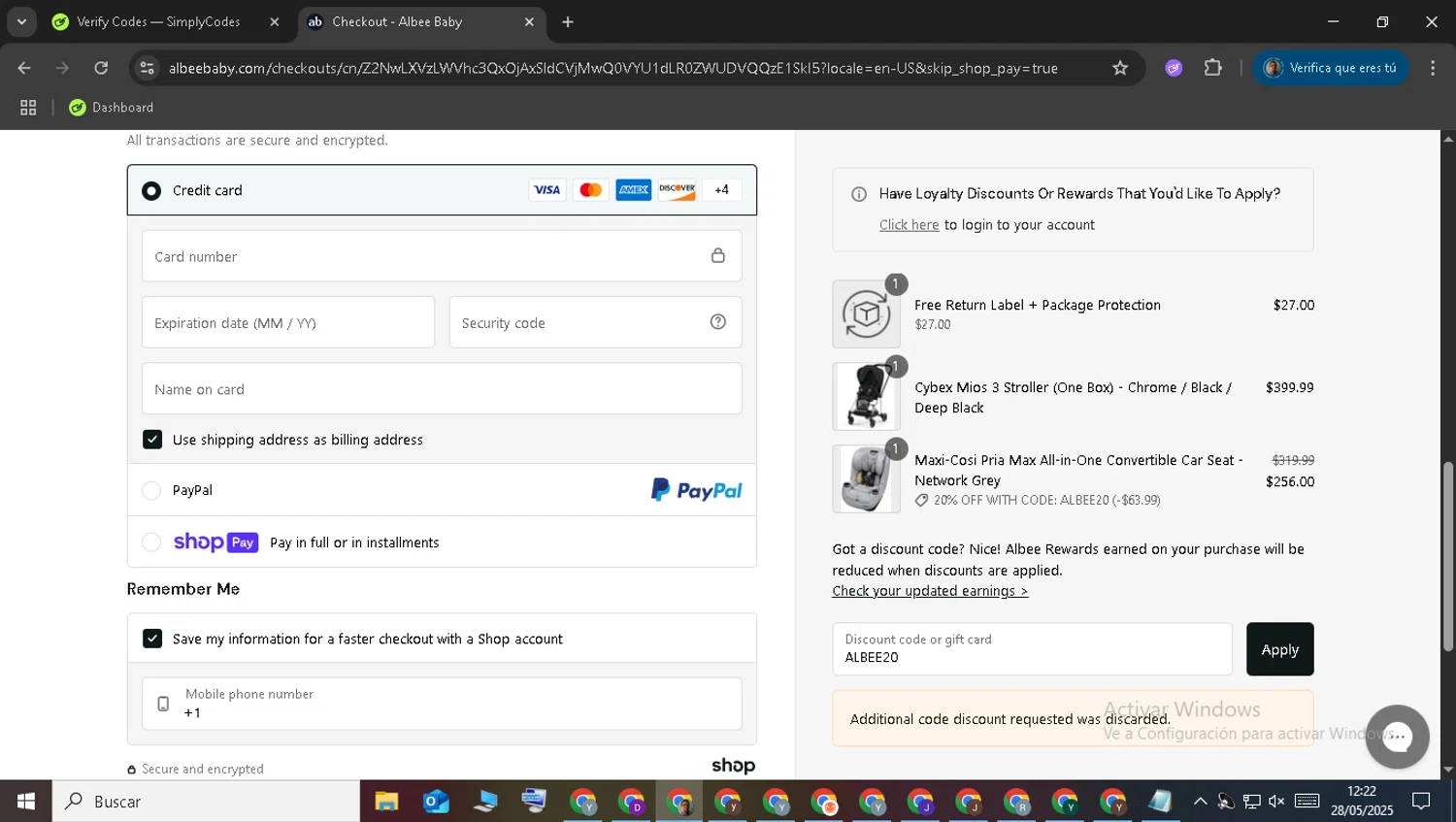 Albee Baby discount code screenshot showing code ALBEE20 applied at Albee Baby checkout page. Uploaded by SimplyCodes community member WonderOwl7082 on May 28, 2025