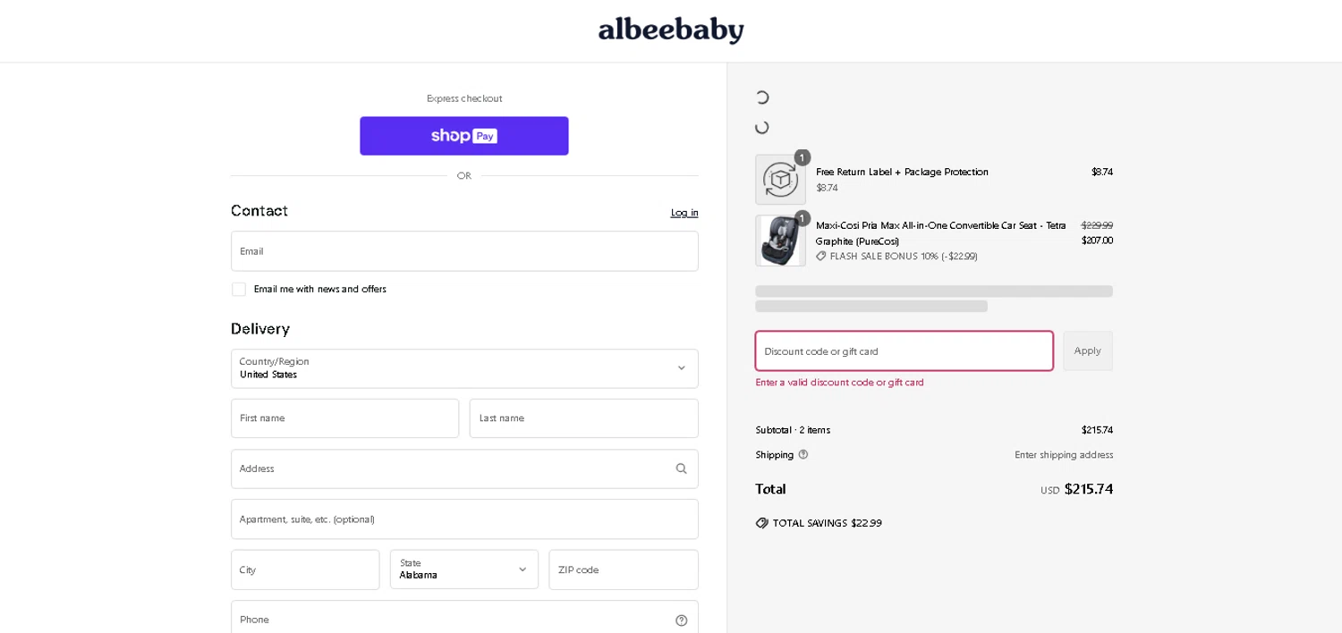 Albee Baby discount code screenshot showing code ALBEE10 applied at Albee Baby checkout page. Uploaded by SimplyCodes community member CashAce9852 on Jun 7, 2025