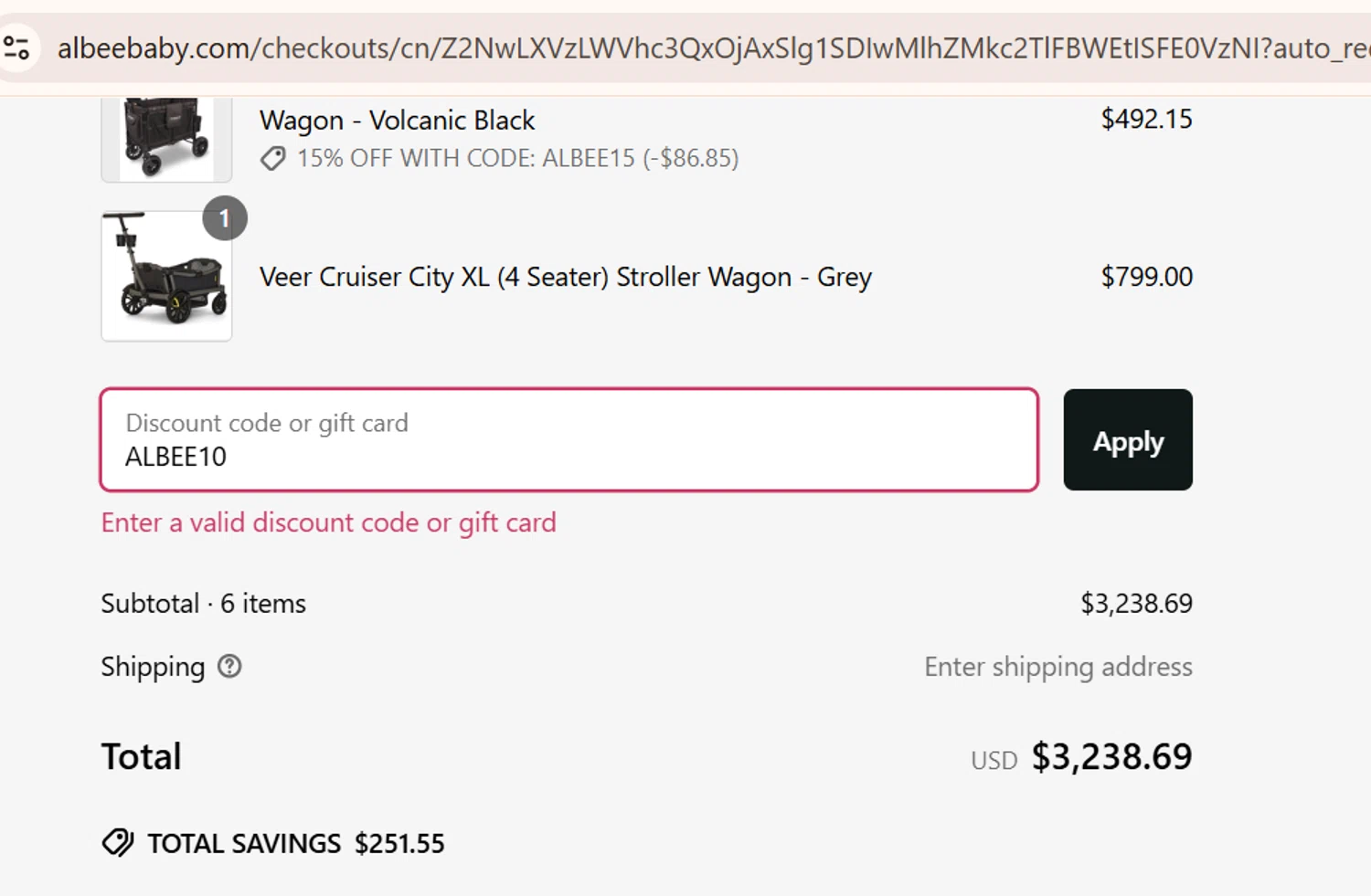 Albee Baby discount code screenshot showing code ALBEE10 applied at Albee Baby checkout page. Uploaded by SimplyCodes community member CouponSage9293 on Jun 7, 2025