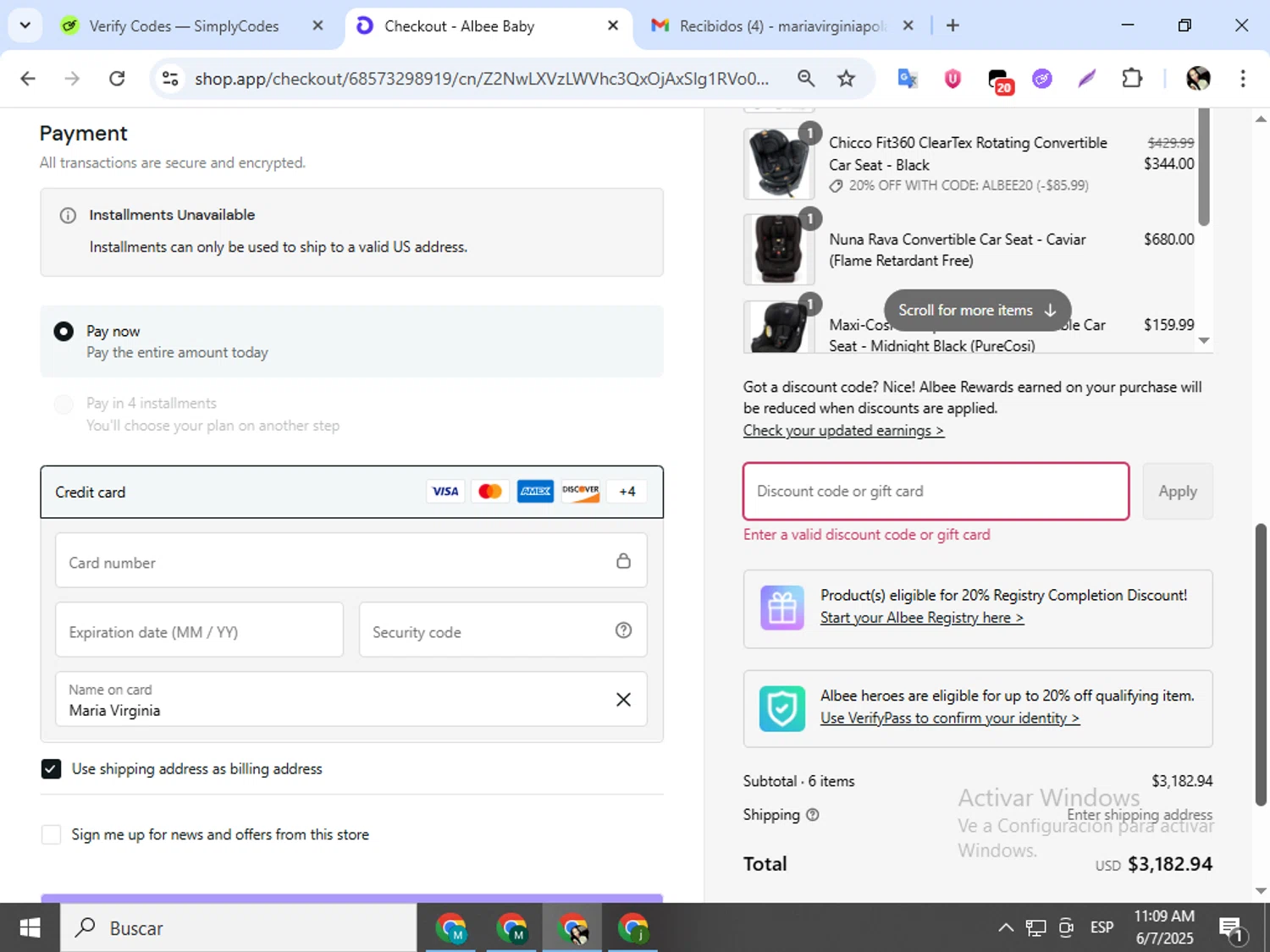 Albee Baby discount code screenshot showing code ALBEE10 applied at Albee Baby checkout page. Uploaded by SimplyCodes community member mariapolancog on Jun 7, 2025