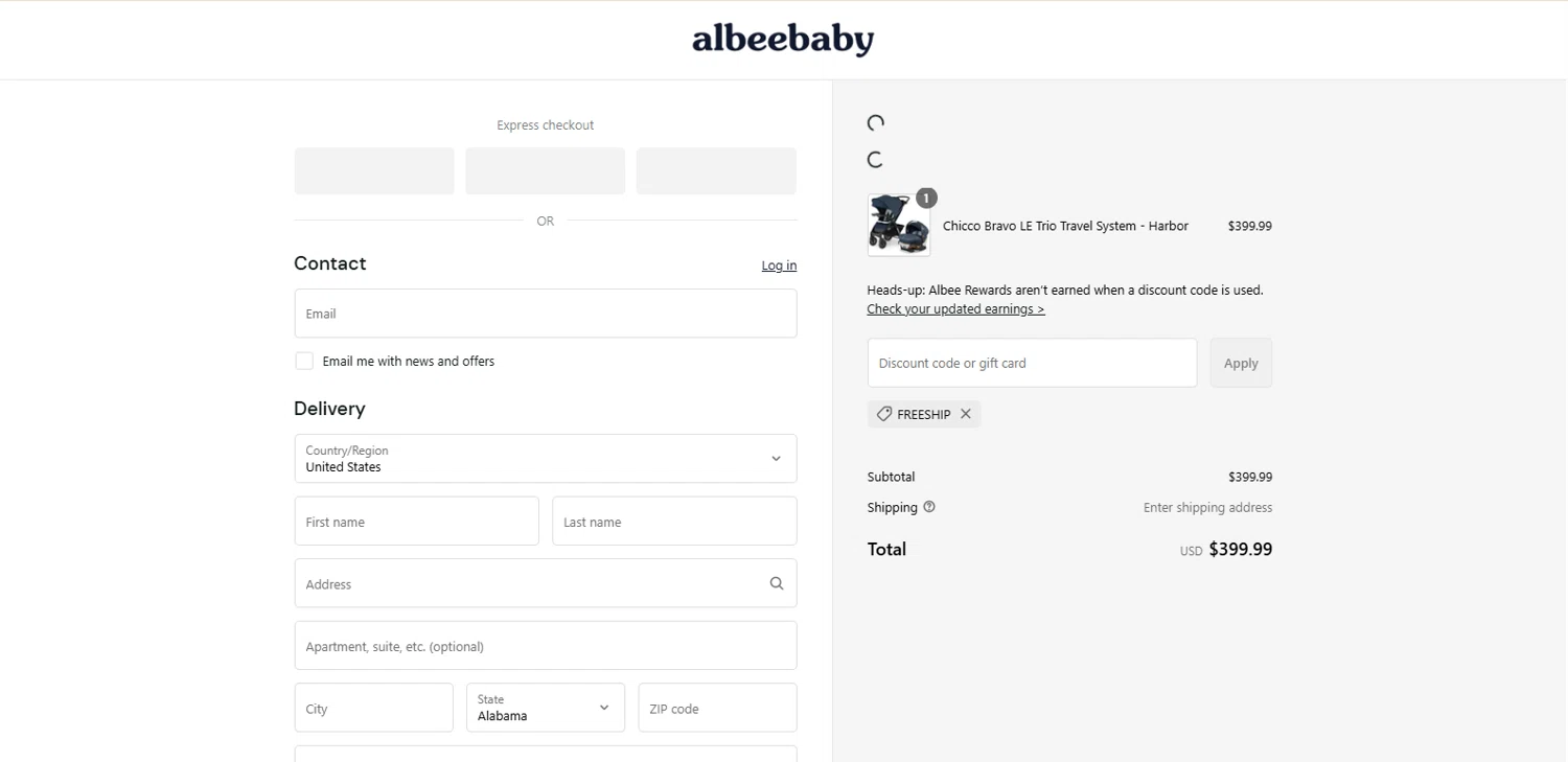 Albee Baby discount code screenshot showing code FREESHIP applied at Albee Baby checkout page. Uploaded by SimplyCodes community member Alydrop on Jun 29, 2025
