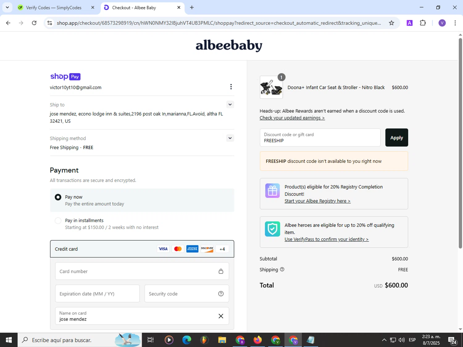 Albee Baby discount code screenshot showing code FREESHIP applied at Albee Baby checkout page. Uploaded by SimplyCodes community member Satoru_gojo on Jul 8, 2025