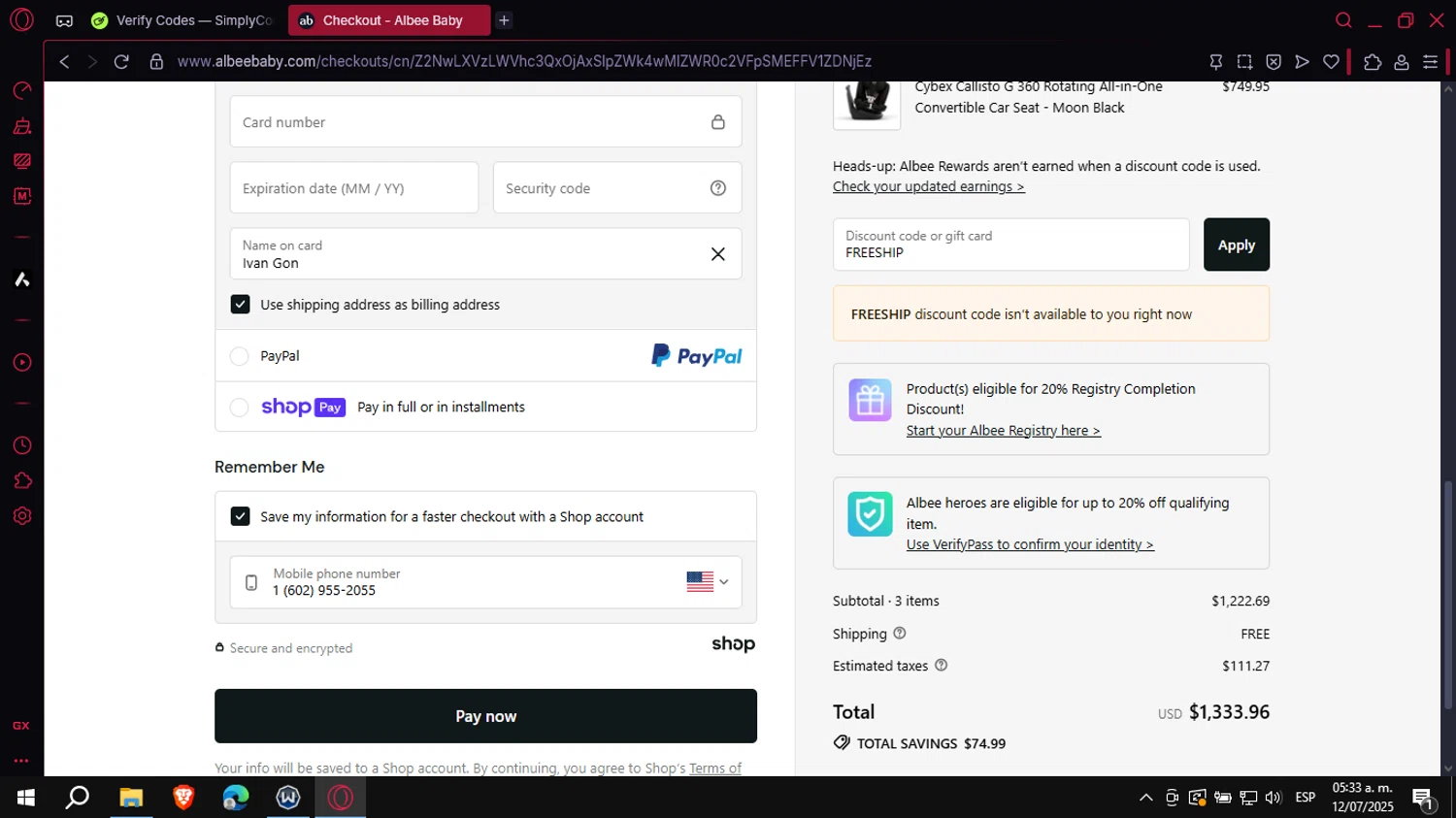 Albee Baby discount code screenshot showing code FREESHIP applied at Albee Baby checkout page. Uploaded by SimplyCodes community member VoucherCollector3778 on Jul 12, 2025