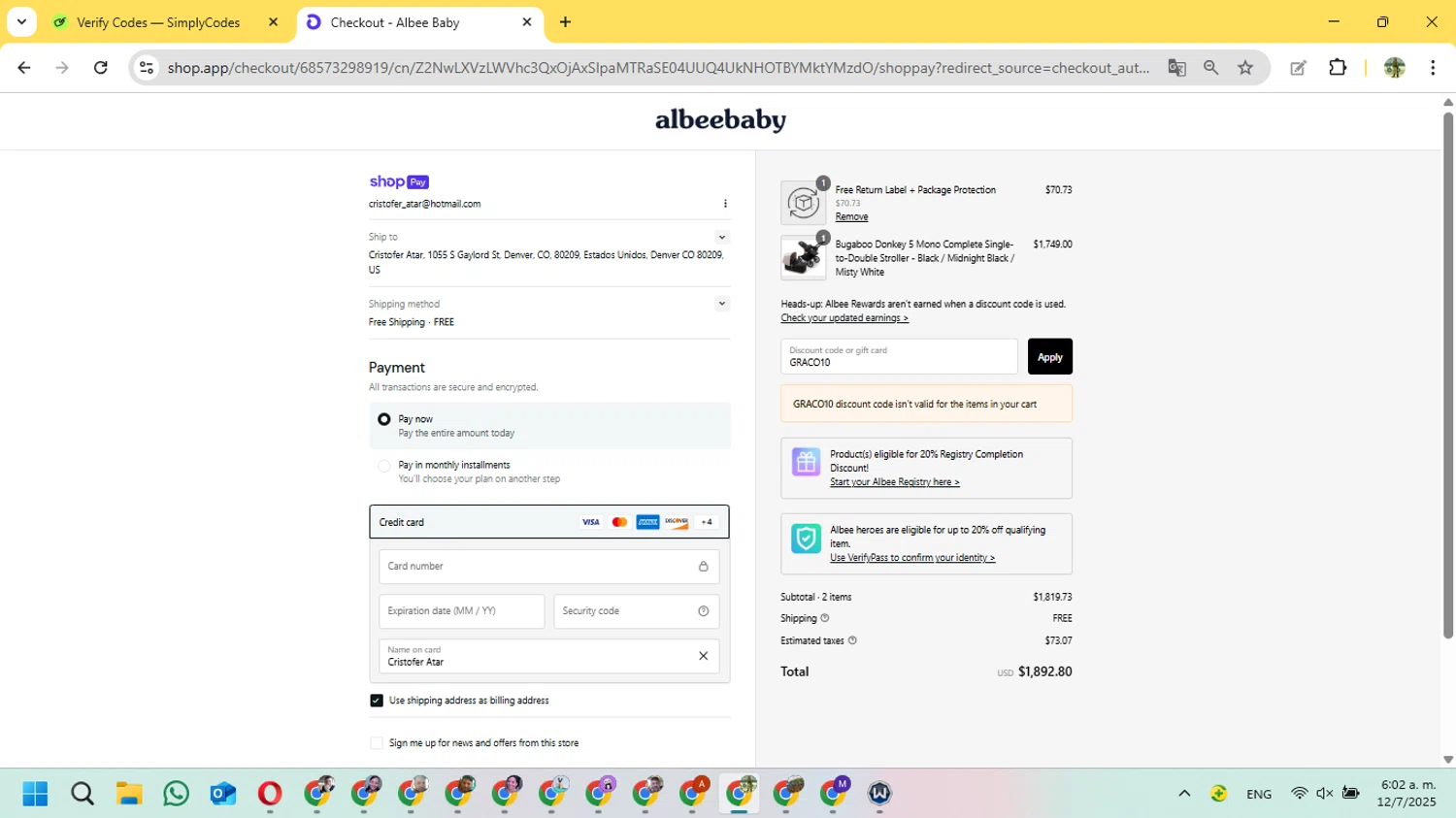 Albee Baby discount code screenshot showing code GRACO10 applied at Albee Baby checkout page. Uploaded by SimplyCodes community member FrugalVirtuoso3584 on Jul 12, 2025