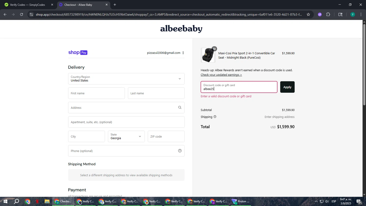 Albee Baby discount code screenshot showing code albee25 applied at Albee Baby checkout page. Uploaded by SimplyCodes community member FrugalCaptain6906 on Aug 3, 2025
