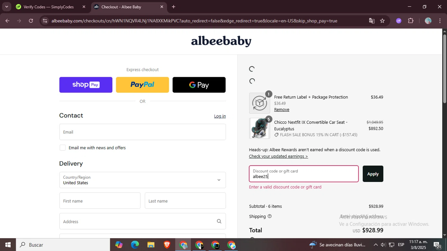 Albee Baby discount code screenshot showing code albee25 applied at Albee Baby checkout page. Uploaded by SimplyCodes community member LegendaryPro7106 on Aug 3, 2025