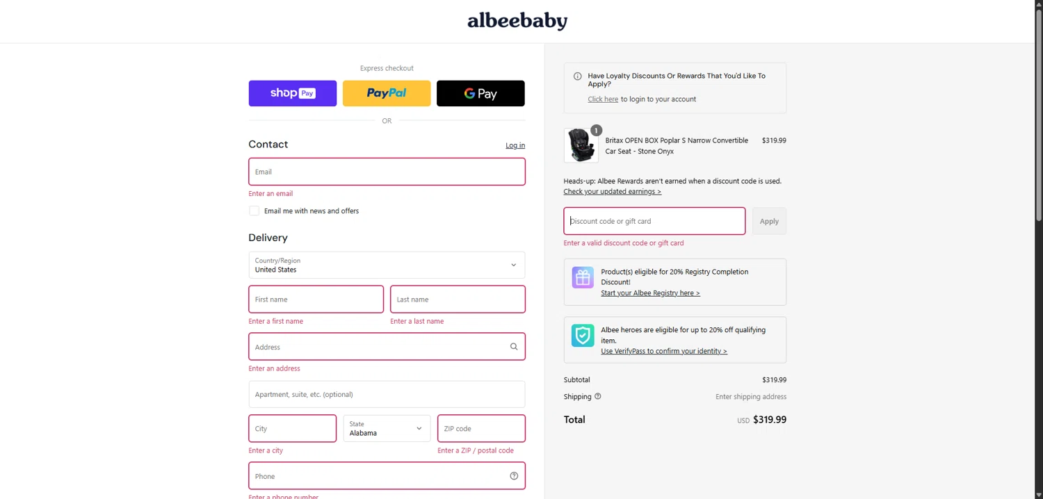 Albee Baby discount code screenshot showing code albee25 applied at Albee Baby checkout page. Uploaded by SimplyCodes community member TokenCollector1268 on Aug 3, 2025