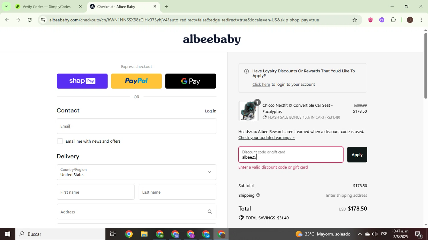 Albee Baby discount code screenshot showing code albee25 applied at Albee Baby checkout page. Uploaded by SimplyCodes community member WonderEagle9833 on Aug 3, 2025