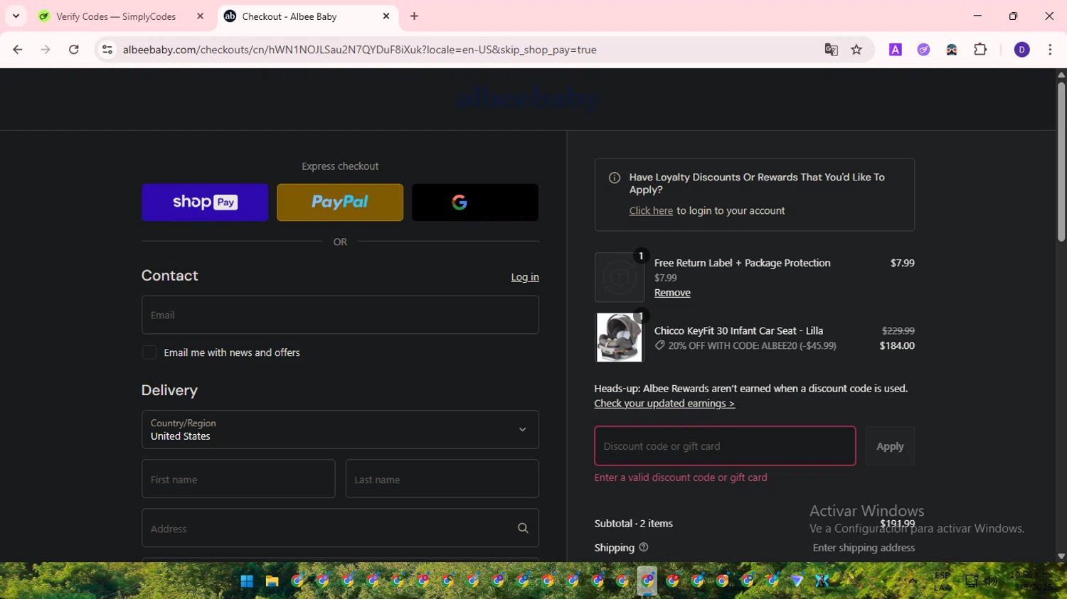 Albee Baby discount code screenshot showing code albee25 applied at Albee Baby checkout page. Uploaded by SimplyCodes community member WonderLion2890 on Aug 3, 2025