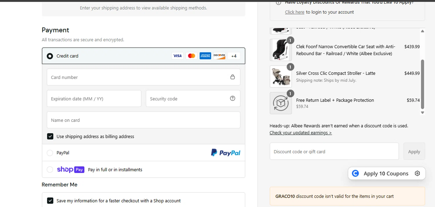 Albee Baby discount code screenshot showing code GRACO10 applied at Albee Baby checkout page. Uploaded by SimplyCodes community member ashe1986 on Jun 21, 2025